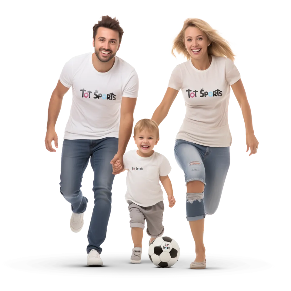 Tot Sports Family wearing Tot Sports T-Shirts and playing football